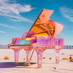 A surreal digital artwork with a translucent colorful piano amidst rocks in a desert landscape