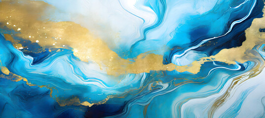 Hand painted background with mixed liquid blue and golden paints. Abstract fluid acrylic pai....