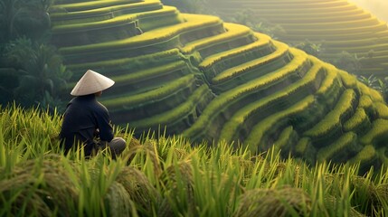 Rice Harvest in Lush Vietnamese Terraced Paddy Fields Serene Farmer in Conical Hat Captures Asian Agricultural Tradition and Hard Work