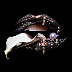Obraz premium A black glittery lip accented with pearls and a white Calla lily petal on black background