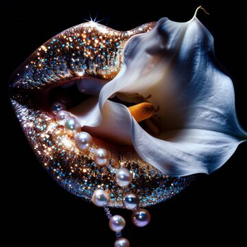Captivating photo of a Calla lily petal enveloping a lip covered in sparkles and pearls