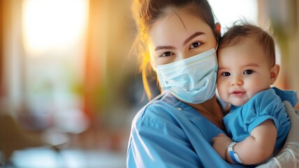 caring healthcare worker in a mask holding a child in a hospital setting.
