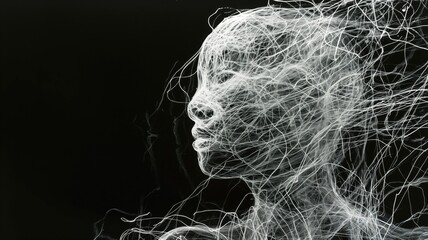 Black and white artistic rendering of a woman's profile in network lines.