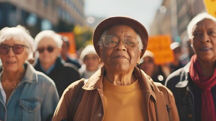 Fototapeta premium Diverse group of determined seniors marching and rallying for a cause with vibrant signs and hopeful expressions celebrating the vital voices and