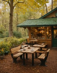 Fototapeta premium A whimsical image of a squirrel sitting at a table of a rustic outdoor cafe in a lush forest setting.