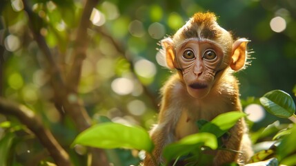 A cute monkey lives in a natural forest of Thailand