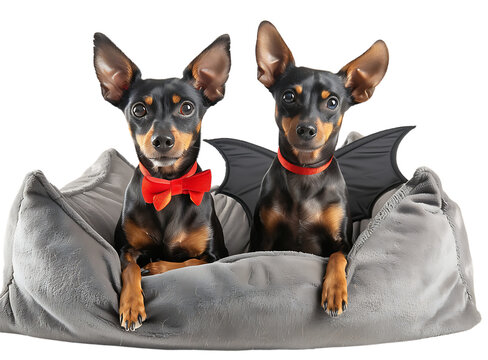 Two miniature pinscher dogs sitting on a gray dog bed