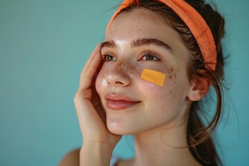 Teenage girl with freckles applying acne patch, close-up on skincare routine - obrazy, fototapety, plakaty