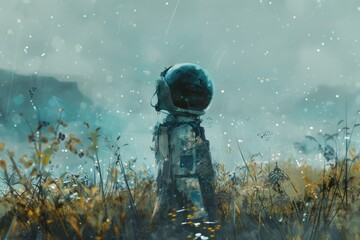 Solitary astronaut helmet reflects a cosmos, amidst golden wildflowers under a hazy sky, evoking isolation and wonder. Lone space explorer's visor captures stellar landscape, surrounded by amber flora - obrazy, fototapety, plakaty