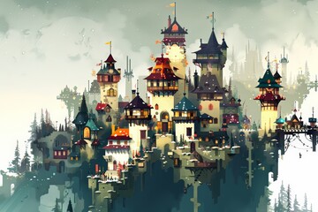 Fairytale village perches atop reflective waters, myriad hues illuminate whimsical architecture, surrounded by misty forest. Enchanted hamlet floats above calm lake, colorful dwellings and spires rise - obrazy, fototapety, plakaty
