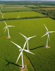 A bird's-eye view captures the harmony between technology and nature, as wind turbines stand tall amidst a verdant agricultural field under the clear sky - obrazy, fototapety, plakaty