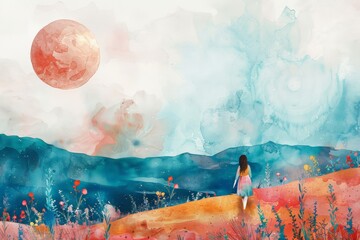 Young female gazes at oversized moon, surreal washes of color bleed into scenery, evoking contemplation and awe. Child stands before immense lunar orb, dreamscape of vibrant hues blends around