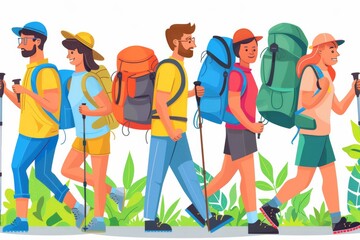 Illustration of five females in a stride, Outdoor adventure, Quartet of hikers, males and females in casual trek gear, traverse lush trail, camaraderie evident in their parallel stride.