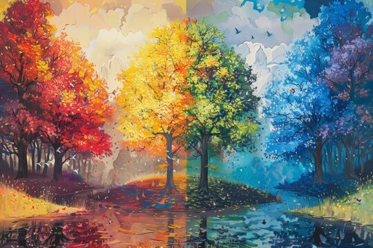 Illustration of Artistic rendition of trees in seasonal transition, vibrant canopy reflects cycle of life, path winds through ephemeral beauty. Nature's palette shifts in arboreal display