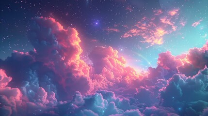 Fototapeta na wymiar Fantasy-like night sky with colorful clouds and soft, glowing stars