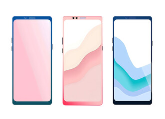 set of three vector smartphone screens with different color backgrounds