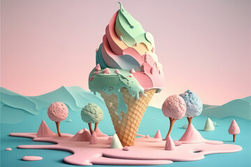 Colorful Ice cream in a waffle cone. Fairy Tale Ice Cream Land. Fabulous landscape made of ice cream sundae, waffle cones, cream, sweets and fudges. Cute illustration in cartoon 3d style