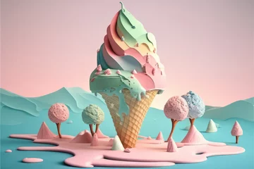 Fotobehang Colorful Ice cream in a waffle cone. Fairy Tale Ice Cream Land. Fabulous landscape made of ice cream sundae, waffle cones, cream, sweets and fudges. Cute illustration in cartoon 3d style © maxa0109