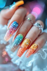 Modern nail art featuring beautiful stars, twinkling designs, and illustrated modern art nail patterns.
