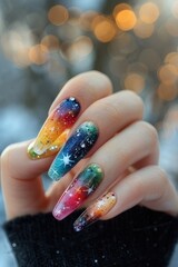 Modern nail art featuring beautiful stars, twinkling designs, and illustrated modern art nail patterns.
