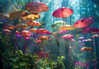 Obraz na płótnie Canvas colorful umbrellas and green nature environment