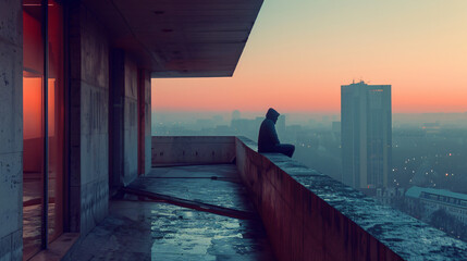 A solitary figure on a balcony overlooking a desolate urban landscape reflecting on isolation.