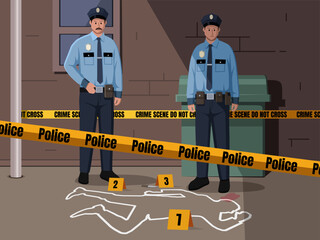 Crime scene with police tape flat icon. Vector