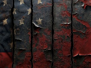 A flag with stars and stripes is torn and rusted. The flag is a representation of the United States and its history. The torn and rusted appearance of the flag suggests that it has been through a lot