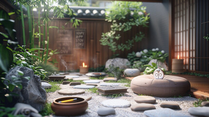 Tranquil Meditation Space with Zen Garden and Positive Affirmations - obrazy, fototapety, plakaty