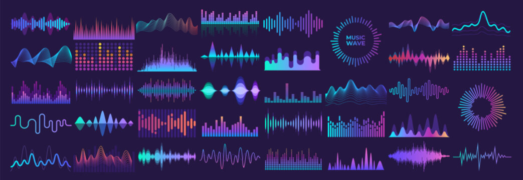 Set of waving, sound, vibration and pulsing lines. Graphic design elements for music app.Vector illustration.