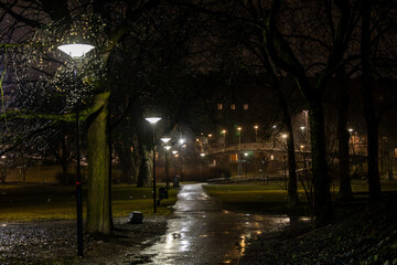 Obraz premium Stockholm, Sweden March 29, 2024 A rain y night in a park on Kungsholmen called Ralambshovsparken.
