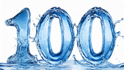 Number 100 made of water with splashes on white background. Blue liquid figure. 3D rendering. - obrazy, fototapety, plakaty