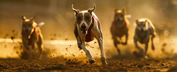 greyhounds racing on the track, one dog in front with a white chest and red collar