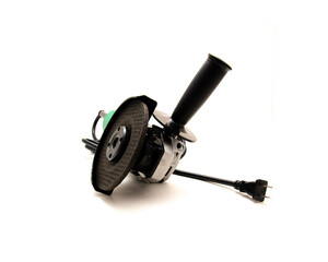 Adjustable guard protection, thread side handle on corded angle grinder with universal motor carbon brushes rotor, no attached griding disc isolated background, cut grind tool for metal, stone