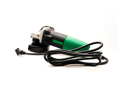 Corded angle grinder with adjustable guard, universal motor carbon brushes rotor, no attached griding disc isolated on white background, cut and grind tool for metal, stone, clipping path