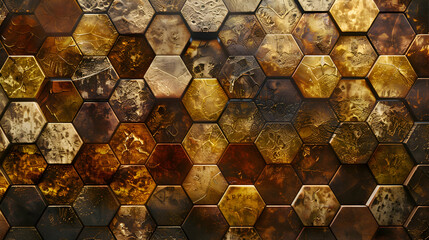 The rich colors of autumn infuse interlocking hexagons and pentagons, transforming the honeycomb pattern into a tapestry of golden hues and earthy tones