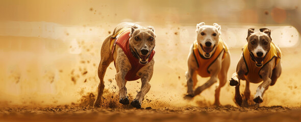 greyhounds racing on the track, one dog in front with a white chest and red collar - Powered by Adobe