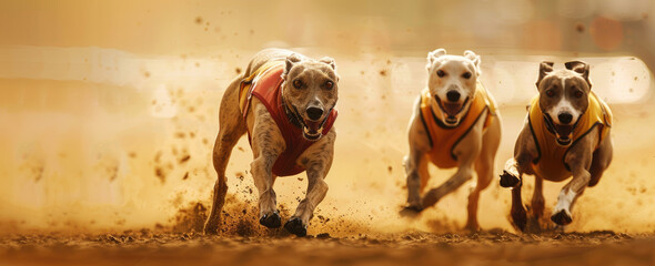 greyhounds racing on the track, one dog in front with a white chest and red collar