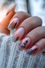 Obraz premium Nail designs inspired by nature, featuring lovely stars, sparkling patterns, and illustrated nature themes
