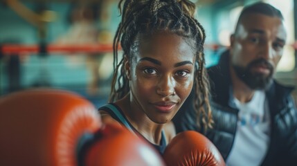 Determined middle aged woman boxer preparing for boxing fight. Fitness mid adult woman preparing for boxing training at gym. Beautiful strong sportswoman in boxing gloves prepared right hand punch. - Powered by Adobe