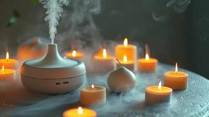Serene Aromatherapy Corner with Diffuser and Candles - obrazy, fototapety, plakaty