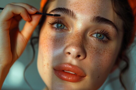 Young woman applying makeup for a fresh look in the morning light
