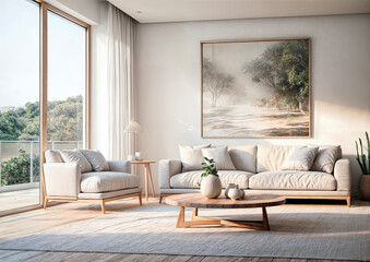 interior of modern living room with white sofa and wooden coffee table