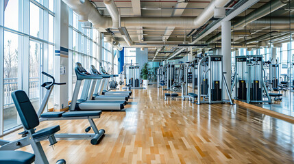 A spacious fitness center with state-of-the-art equipment and mirrored walls. - obrazy, fototapety, plakaty