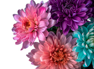Colorful chrysanthemum flowers in pink, purple and turquoise colors on a black background