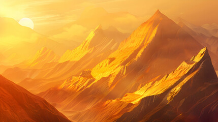 Triangular cliffs in ochre and sienna hues intertwining seamlessly under a golden sunset