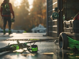 A man is walking away from a fishing area with a green and black fishing rod. The rod is laying on the ground next to a green and black box - obrazy, fototapety, plakaty