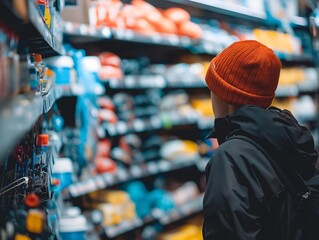 A man wearing a red hat is shopping in a store. He is looking at the shelves and seems to be interested in the items
