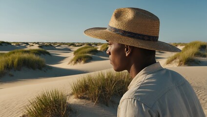 Young man looking out over sand dunes wearing straw hat - Powered by Adobe