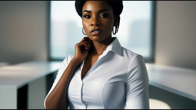 A woman thinking nice fashion half body eye contact close-up and landscape background
